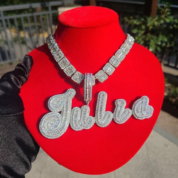 Custom Big Brush Cursive Iced Out Name Pendant  Bubble Letters Word Necklace With Rhinestone Baguettes Chain Letter Jewelry