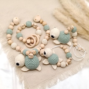 Cadena para cochecito, cadena para chupete, juego de regalo para bebé, cadena para bebé hecha a mano, regalo para nacimiento, regalos para bebé, ojos de tortuga tejidos a ganchillo
