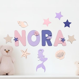 Letras de madera para puerta de habitación infantil, pegatina para puerta de sirena, pegatinas para puerta, letras de 7 cm de alto, varios colores y motivos, regalo de nacimiento