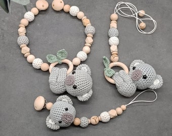 Set Koala|Stroller chain|Pacifier chain|Grasping toy|Baby seat pendant|Various colors