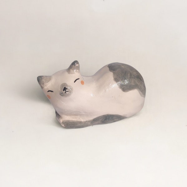 Ceramic Laying Cat White And Gray Figurine, Clay&Slay, Gift for Her, Handpainted, Pottery, Cat Cute Figurine, Birthday Gift, Handmade