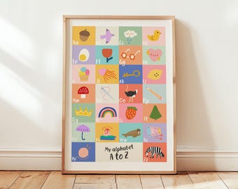Alphabet A to Z Printable Wall Art, Kids Alphabet Poster, ABC Illustration, Digital Download