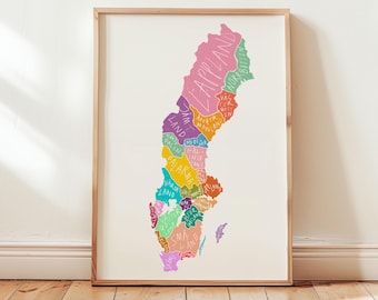 Colorful Sweden Map Art Print, Scandinavian Home Decor (Digital Download)