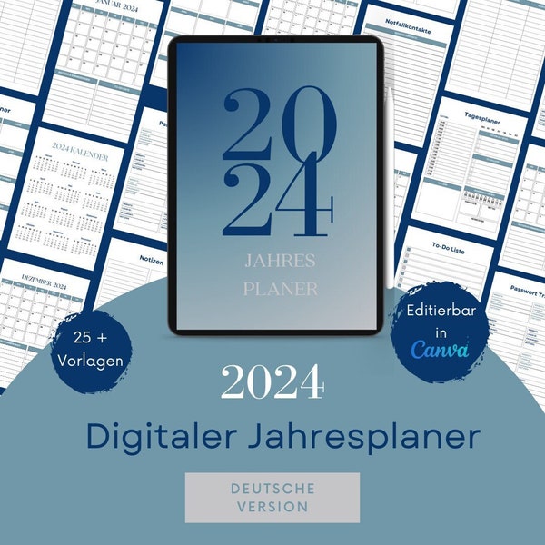 2024 Digitaler Planer Deutsch,blau,weiß, Canva Vorlagen, Planer, Täglich, Wöchentlich, Monatlich, Kommerz. Lizenz,JPG,PNG,Kdp,Pdf