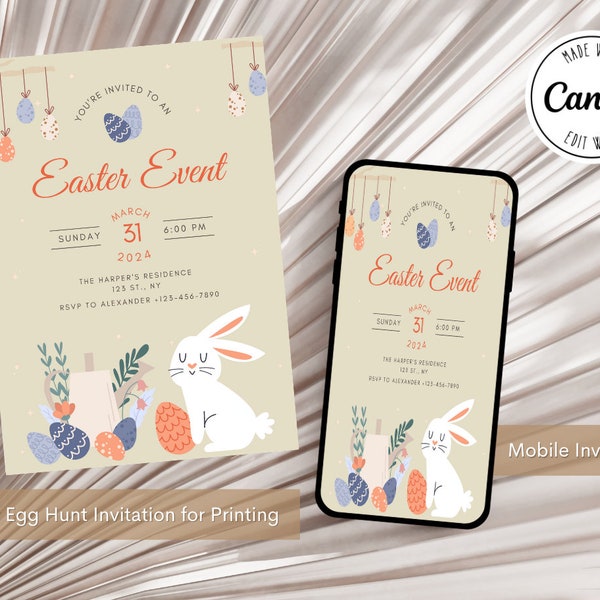 Personalized Easter Egg Hunt Invitation Printable, Printable Easter Invitation, Editable Bundle, Easter Invitation Template, Edit with Canva