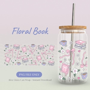 Floral Book Glass Can Wrap PNG: 16oz Libbey Can Design (Digital Download)
