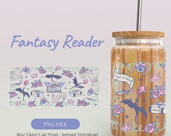 Dragon Book Glass Can Wrap PNG: Fantasy Reader Libbey 16oz (Digital Download)