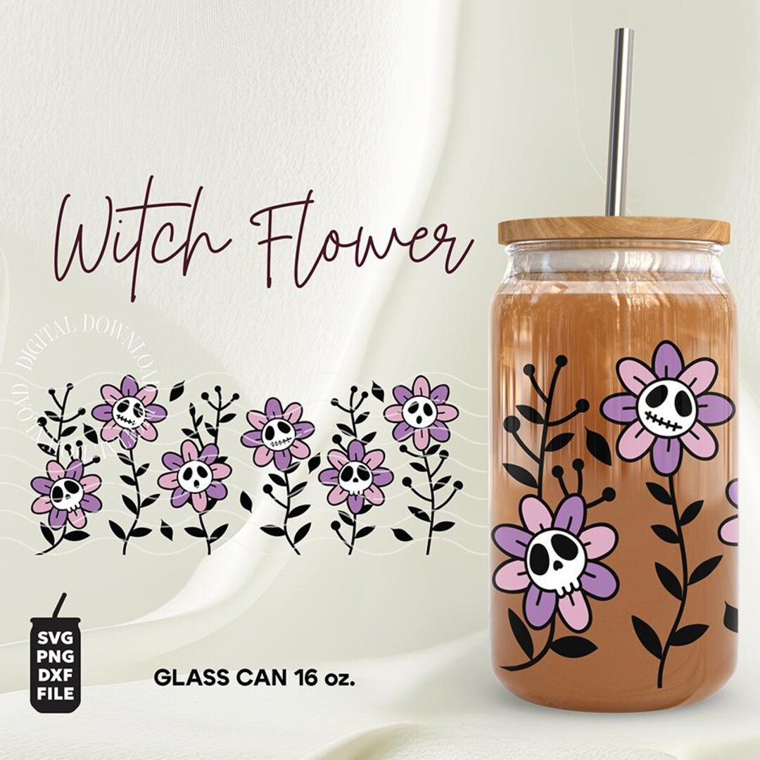Witch Flower Glass Can Wrap Svg, Skull Flower Libbey Wrap, 16oz Glass ...