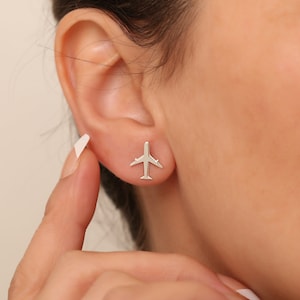 Tiny Plane Stud Earrings in 925K Silver, Pilot & Aviation Themed Jewelry, Traveling Lover Gift, Mother Day Gifts, Mother&#39;s Day