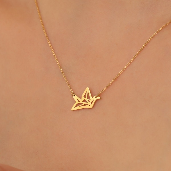 14K Gold Plated Silver Origami Crane Necklace Dainty, Origami Jewelry Protective, Bird Necklace Gift For Mom, Custom Origami Pendant