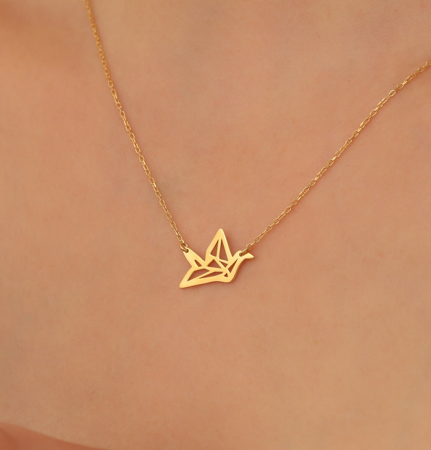 14K Gold Plated Silver Origami Crane Necklace Dainty, Origami Jewelry Protective, Bird Necklace, Custom Origami Pendant,Mothers Day Necklace