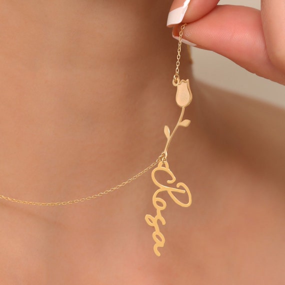 Collier prénom vertical tulipe personnalisé plaqué or 14 carats