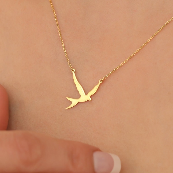 14K Gold Plated Small Swallow Bird Silver Necklace, Petite Choker Necklace, Freedom Pendant, Animal Lovers Gift, Mother Days Gift