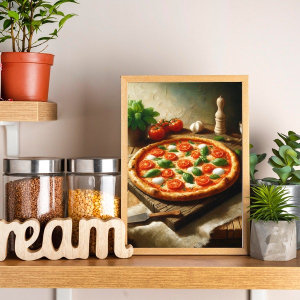 Poster Margherita Pizza : idéal pour les amateurs de pizza. Décoration élégante pour la cuisine et la salle à manger. Capturez les saveurs italiennes classiques.