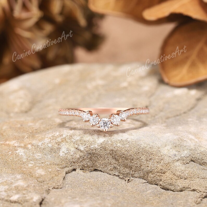 Art Deco Moissanite Wedding Band Rose Gold Curved Wedding Bands Women ...