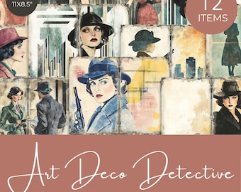 Art Deco Detective Junk Journal Papers, Noir Mystery Vintage Scrapbook, 1920s Spy Printable Pages,  Art Deco Junk Journaling Pages