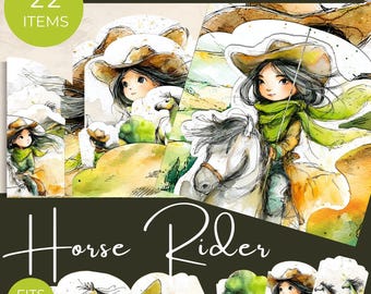 Horse Rider Loaded Pocket Folio, Cowboy Cowgirl Junk Journal Kit, Western Scrapbook Tags Pockets Printable, Horse Riding Clipart Tags