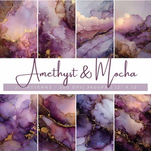 Peut inclure: Huit impressions d'art abstrait avec un design fluide et marbré dans des tons de violet, d'or et de marron. Le texte "Amethyst & Mocha" est affiché, ainsi que les dimensions de 30,48 cm x 30,48 cm.