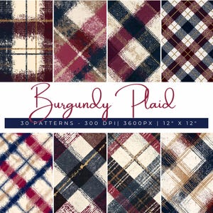 May include: A collection of eight burgundy plaid patterns with a distressed, textured appearance. The patterns feature a mix of burgundy, navy, cream, and gold colors in various classic plaid designs. The image includes the text "Burgundy Plaid" and pattern details.