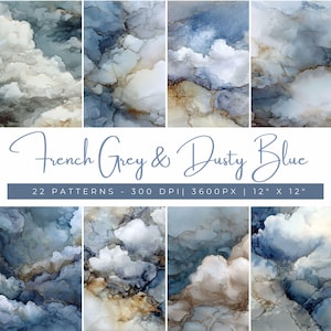 May include: A collection of abstract cloud-like patterns in shades of gray, blue, and white, with gold accents. The text "French Grey & Dusty Blue" is displayed above a banner that reads "22 PATTERNS - 300 DPI | 3600PX | 12" X 12".