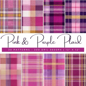 May include: A collection of pink and purple plaid patterns. The image displays various fabric designs with intersecting lines in shades of pink, purple, and gold. The text "Pink & Purple Plaid" is displayed above the patterns, along with the dimensions of 12" x 12".