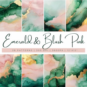 Smaragdgrün und Rosa, Florale Abstrakte Textur Clipart, Grüne und Rosa Alkohol Ink Wash Textur, Gold Textur Hintergründe, Blush Seite