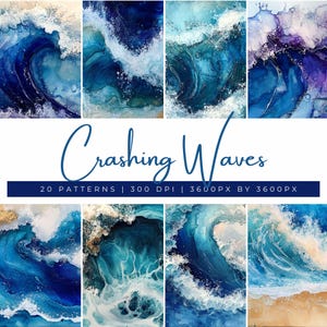 May include: A collection of abstract art prints featuring crashing waves in shades of blue, white, and gold. The text "Crashing Waves" is displayed above a banner with the text "20 PATTERNS | 300 DPI | 3600PX BY 3600PX".