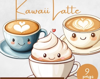 Kawaii Latte Clipart, Cute Coffee Illustration, Pastel Kawaii Coffee Cup Art, Cute Kawaii Drinks Clipart, Coffee Shop Graphics, Latte Art