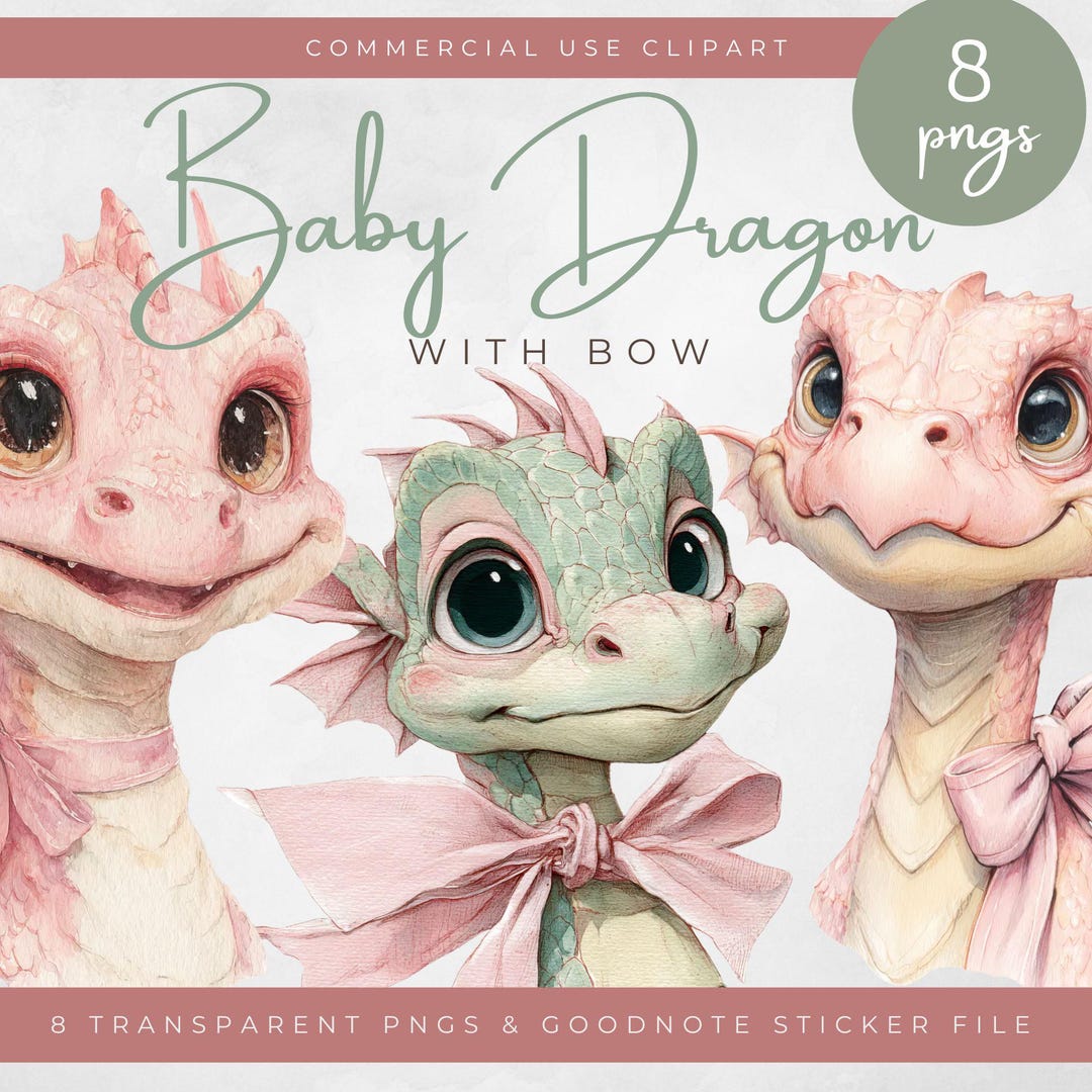 Baby Dragon Clipart PNG, Cute Fantasy Dragon With Bow, Kawaii Dragon ...