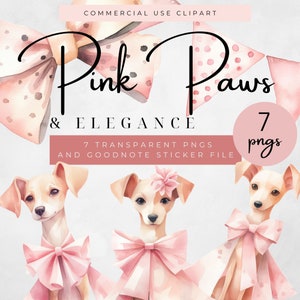 Puede incluir: Siete ilustraciones digitales de un perro con un lazo rosa. El perro es de color marrón claro con un lazo rosa alrededor del cuello. El texto "Pink Paws & Elegance" está en la parte superior de la imagen. El texto "7 transparent PNGs and Goodnotes sticker file" está debajo del perro. El texto "7 pngs" está en un círculo rosa.
