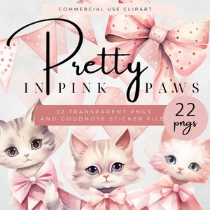 Cat Clipart, Pretty In Pink Paws Cats Illustrations, Goodnotes Stickers, Nursery Art, Adorable Watercolour Cats, Pink Kittens Stickers