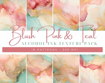Blush Pink & Teal Abstract Texture Clipart, Alcohol Ink Wash Texture, Digital Paper, Texture Backgrounds, Commercial Use, Teal Backgrounds