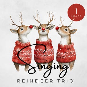 Clipart zingen rendiertrio, kerst rendieren kunst, aquarel schattige rendieren zingen graphics, rendieren in truien illustratie