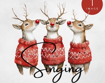 Singing Reindeer Trio Clipart, Christmas Reindeer Art, Watercolour Cute Reindeers Singing Graphics, Reindeers in Jumpers Illustration