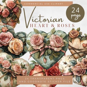 Victoriaanse hart en roos Valentijnsdag clipart, aquarel harten verpakt in rozen kunst, vintage harten illustraties, romantische bloemen rozen kunst