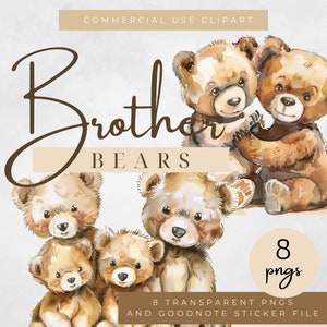 Bären Bruder Clipart, Braunbär-Aufkleber, Goodnotes-Aufkleber, Kuschelige Bären-Kinderzimmer-Wandkunst, Wildtier-Illustrationen, Bärenfamilie Grafiken