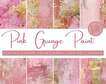 Pink Grunge Paint Digital Paper, Pink and Gold Texture Backgrounds, Industry Wall Back Drop, Distressed Gold Textures, Scrapbooking Pages