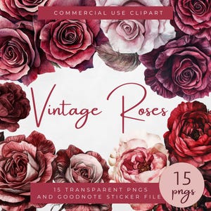 May include: A digital download of 15 watercolor vintage rose illustrations. The roses are in shades of pink and burgundy. The text "Vintage Roses" is written in a script font. The text "15 transparent pngs and goodnote sticker file" is also included.