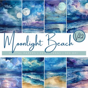 Moonlight Beach Digital Papers v2, Beach at Night Scrapbooking Pages, Night Time Coastal Backgrounds, Moonlit Beach Clipart, Moon Background
