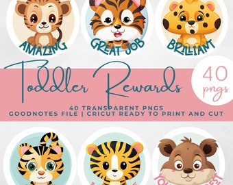 Toddler Reward Stickers, Kids Great Job Clipart, Goodnotes Stickers, Digital Reward Stickers, Animal Well done Art, Children Chart Stickers