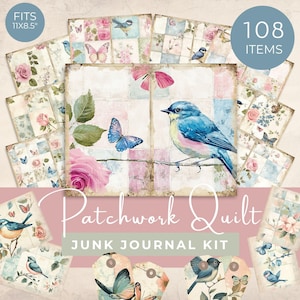 May include: A junk journal kit with a patchwork quilt theme. The kit includes 108 items with a vintage aesthetic. The design features watercolor illustrations of birds, butterflies, and roses. The kit fits 11x8.5 inch pages.