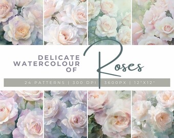 Delicate Watercolor Roses Valentine’s Day Digital Papers, Soft Floral Patterns Backgrounds, Romantic Roses Textures, Watercolor Flower Paper