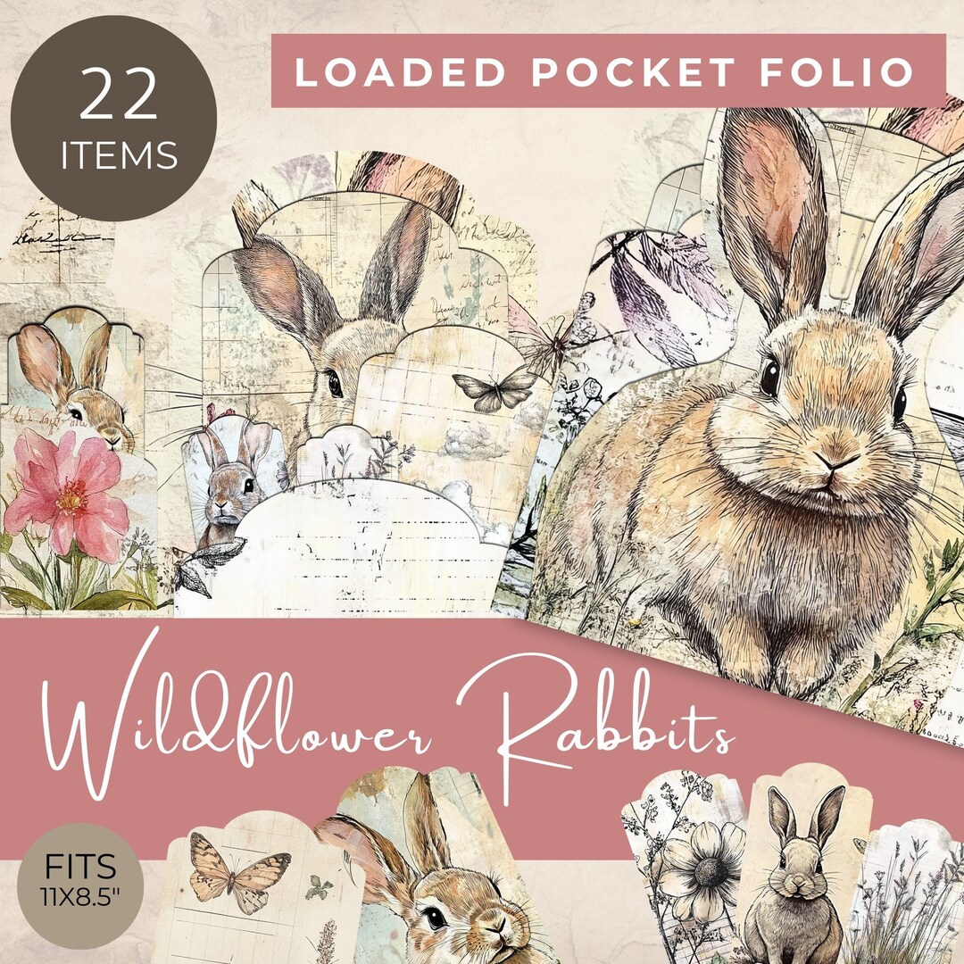 Wildflower Rabbit Loaded Pocket Folio, Woodland Junk Journal Kit, Bunny ...
