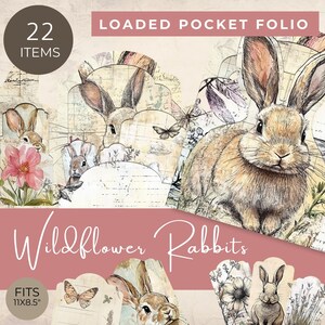 Könnte beinhalten: Ein Set mit 22 digitalen Scrapbook-Papierdesigns mit Aquarell-Illustrationen von Kaninchen und Wildblumen. Die Papiere sind für ein 28x21,6 cm großes Pocket Folio konzipiert. Der Titel des Sets lautet "Wildblumenkaninchen".