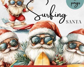 Aussie Surfing Santa Clipart, Beach Santa Illustrations, Hot Christmas Images, Summer Christmas Digital Graphics, Australian Christmas Art