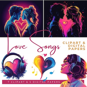 Love Song Clipart, Couple in Love Illustrations, Neon Coloured Hearts and Headphones Graphics, Love Music Images, Love and Music Designs