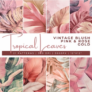 Papeles digitales con hojas tropicales en tonos rosa ruborizado y oro rosa vintage, fondos botánicos rosas, gráficos florales en oro rosa, hojas tropicales rosas