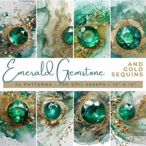 Emerald Gemstone and Gold Sequins Digital Papers, Green Gemstones Clipart, Wedding Invite Emerald and Gold Backgrounds, Glitter and Sequins