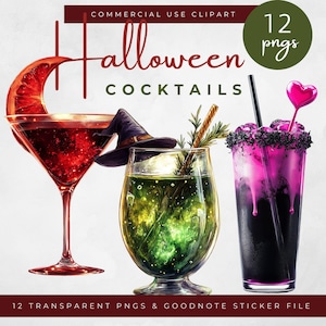 May include: Digital clipart featuring three Halloween cocktails. One is a red martini with a citrus garnish, another is a green drink with a witch hat, and the third is a purple and black cocktail with a heart-shaped garnish. The text reads "Halloween Cocktails".