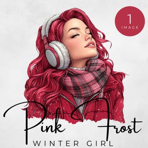 Pink Frost Winter Girl Clipart, Christmas Winter Girl with Pink Hair Art, Festive Holiday Illustration, Christmas Girl Graphics, Winter Art